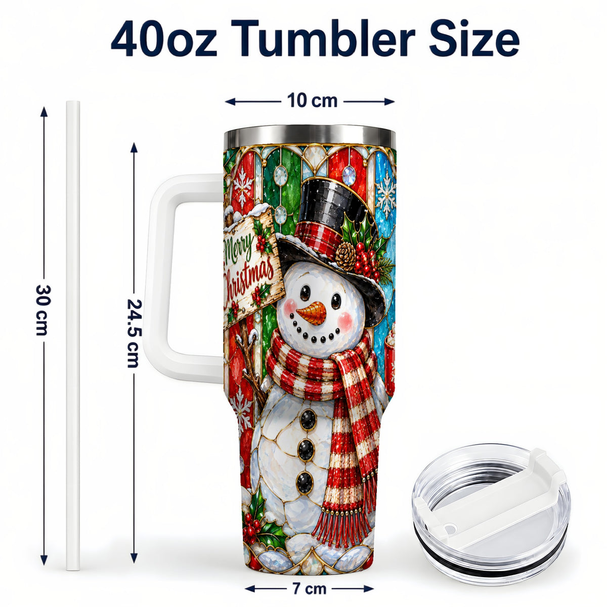 #pl[40oz|White] Snowman 40oz Tumbler with Handle, Stained Glass Style Travel Cup
