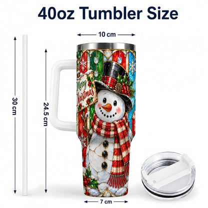 #pl[40oz|White] Snowman 40oz Tumbler with Handle, Stained Glass Style Travel Cup