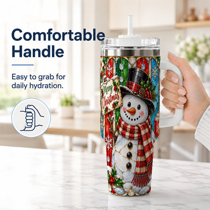 #pl[40oz|White] Snowman 40oz Tumbler with Handle, Stained Glass Style Travel Cup