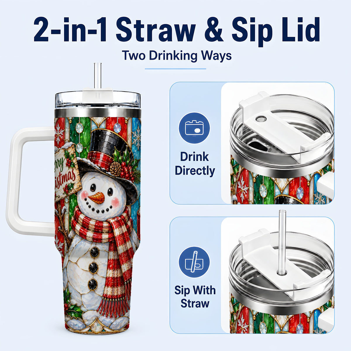 #pl[40oz|White] Snowman 40oz Tumbler with Handle, Stained Glass Style Travel Cup