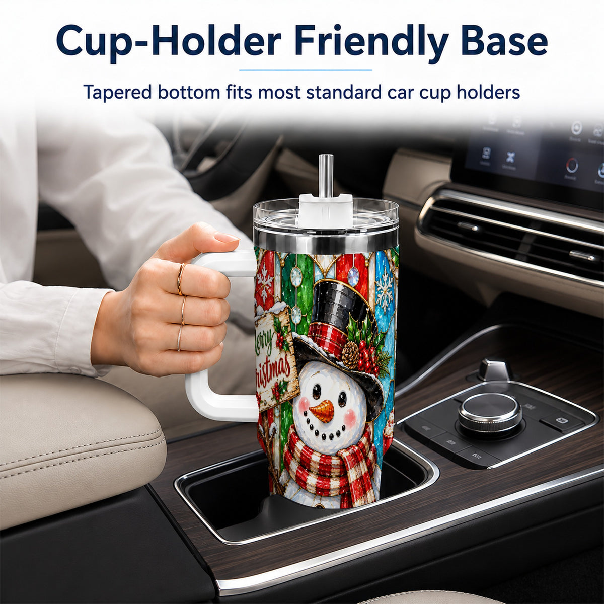 #pl[40oz|White] Snowman 40oz Tumbler with Handle, Stained Glass Style Travel Cup