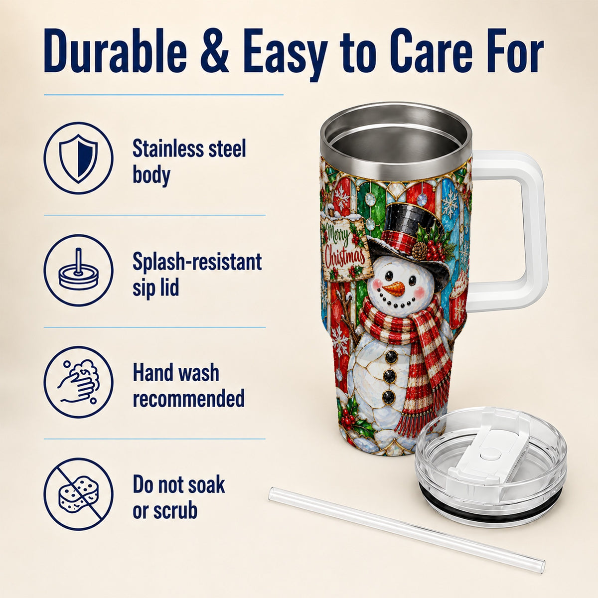 #pl[40oz|White] Snowman 40oz Tumbler with Handle, Stained Glass Style Travel Cup