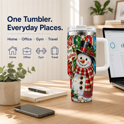 #pl[40oz|White] Snowman 40oz Tumbler with Handle, Stained Glass Style Travel Cup