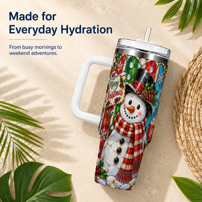 #pl[40oz|White] Snowman 40oz Tumbler with Handle, Stained Glass Style Travel Cup