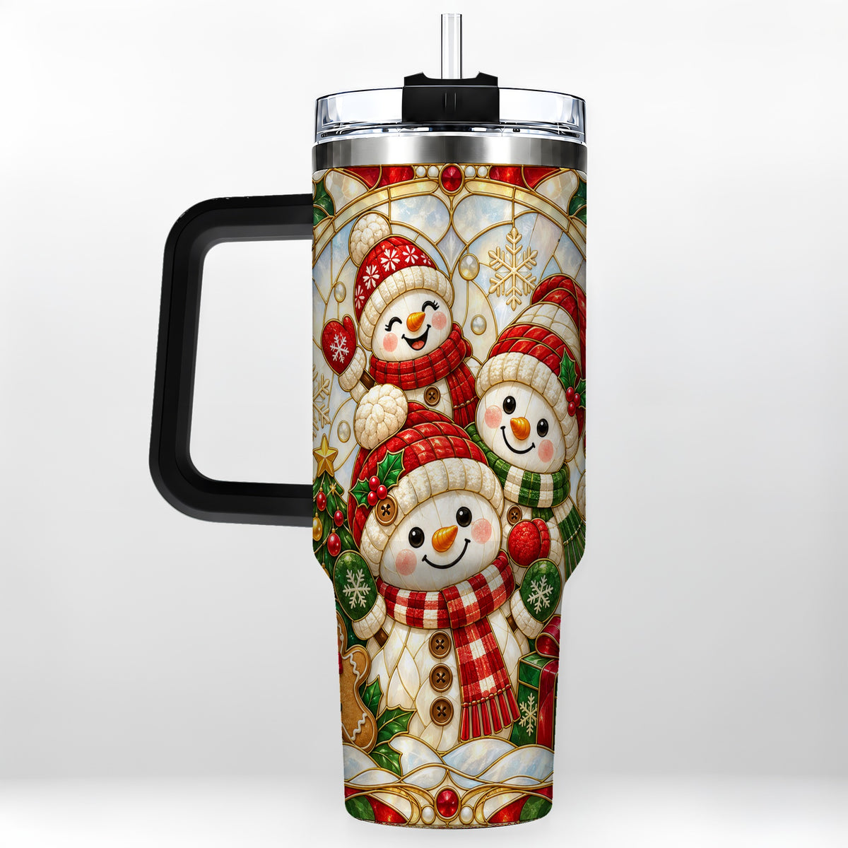 #pl[40oz|Black] Snowman Family 40oz Tumbler with Handle, Christmas Winter Drinkware