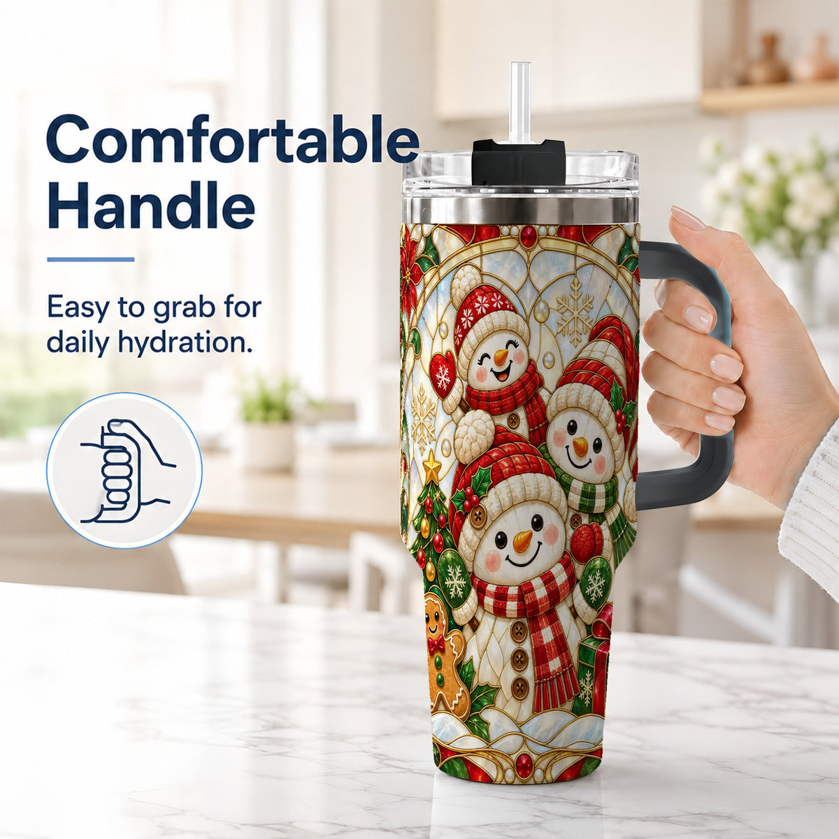 #pl[40oz|Black] Snowman Family 40oz Tumbler with Handle, Christmas Winter Drinkware