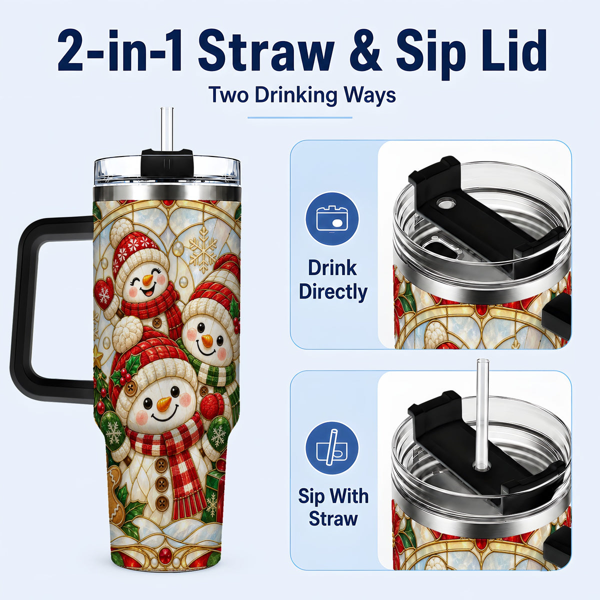 #pl[40oz|Black] Snowman Family 40oz Tumbler with Handle, Christmas Winter Drinkware