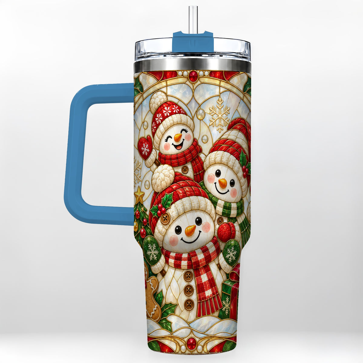 #pl[40oz|Blue] Snowman Family 40oz Tumbler with Handle, Christmas Winter Drinkware