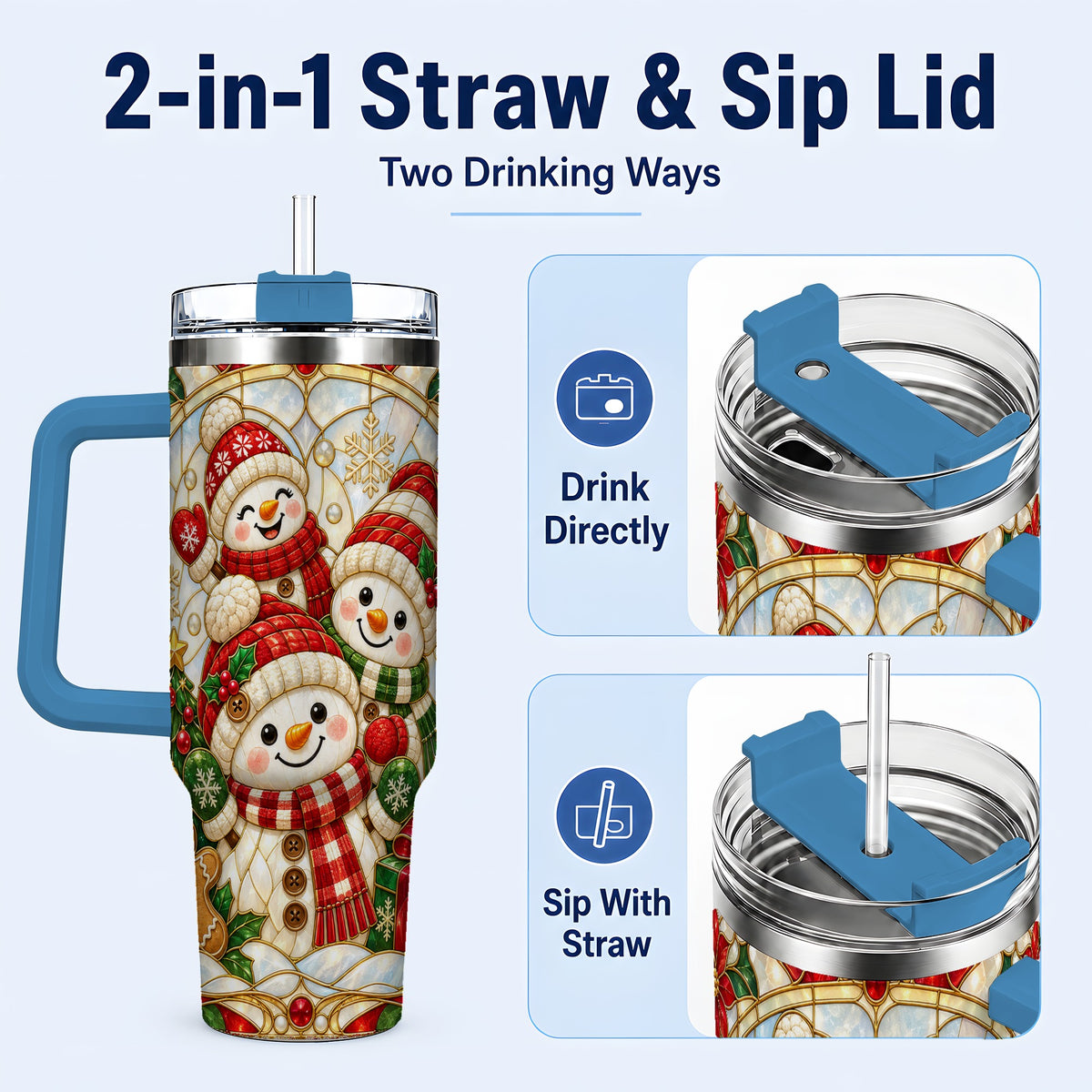 #pl[40oz|Blue] Snowman Family 40oz Tumbler with Handle, Christmas Winter Drinkware