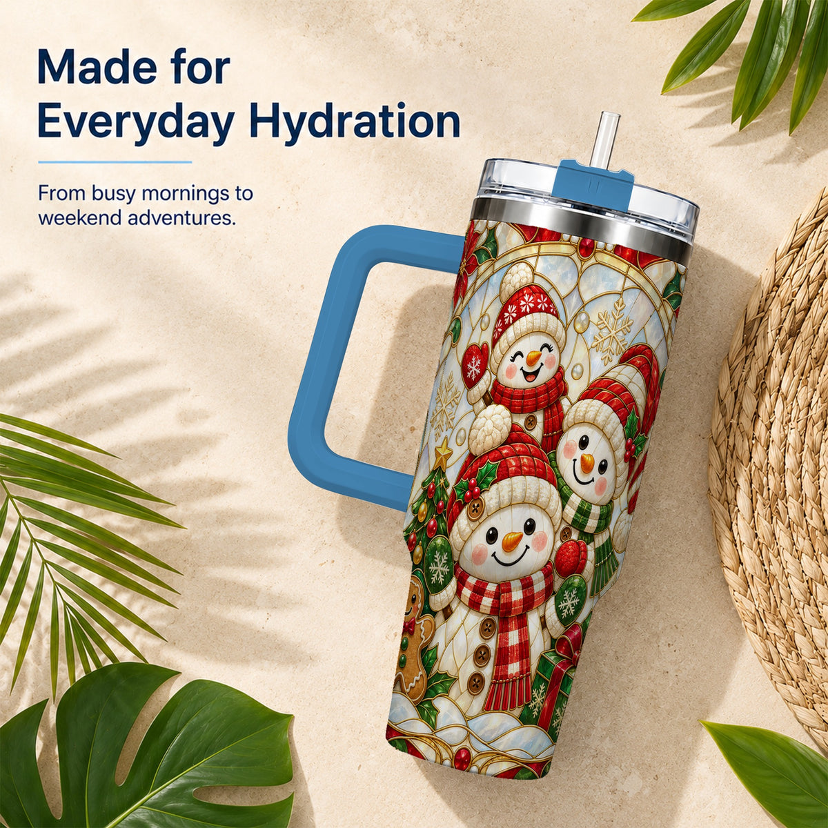#pl[40oz|Blue] Snowman Family 40oz Tumbler with Handle, Christmas Winter Drinkware