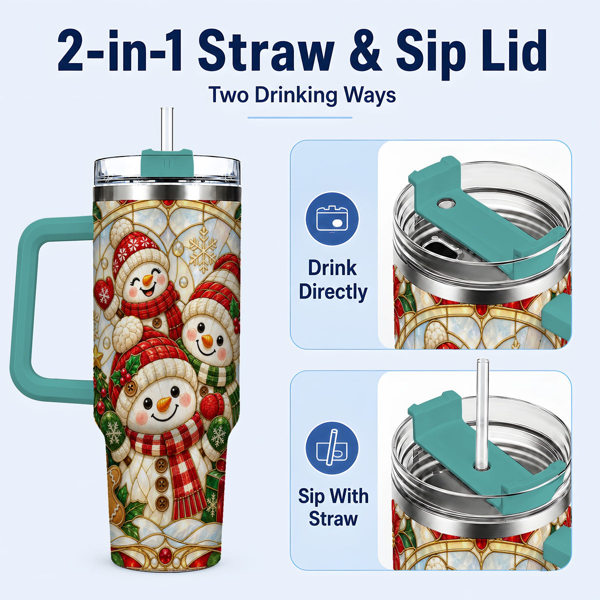 #pl[40oz|Green] Snowman Family 40oz Tumbler with Handle, Christmas Winter Drinkware