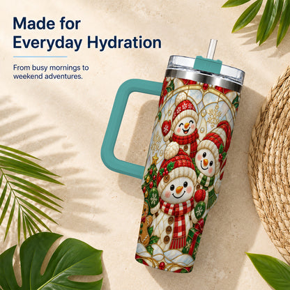 #pl[40oz|Green] Snowman Family 40oz Tumbler with Handle, Christmas Winter Drinkware