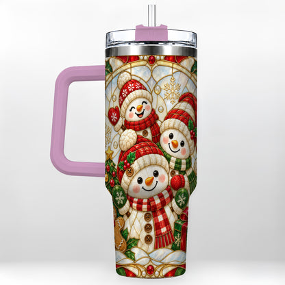 #pl[40oz|Pink] Snowman Family 40oz Tumbler with Handle, Christmas Winter Drinkware