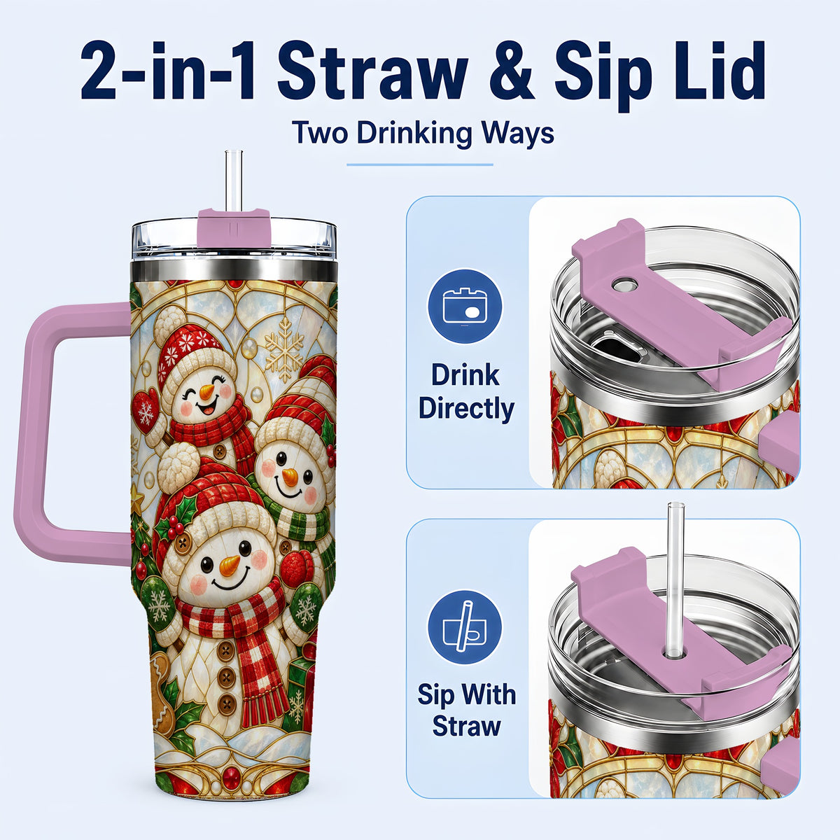 #pl[40oz|Pink] Snowman Family 40oz Tumbler with Handle, Christmas Winter Drinkware