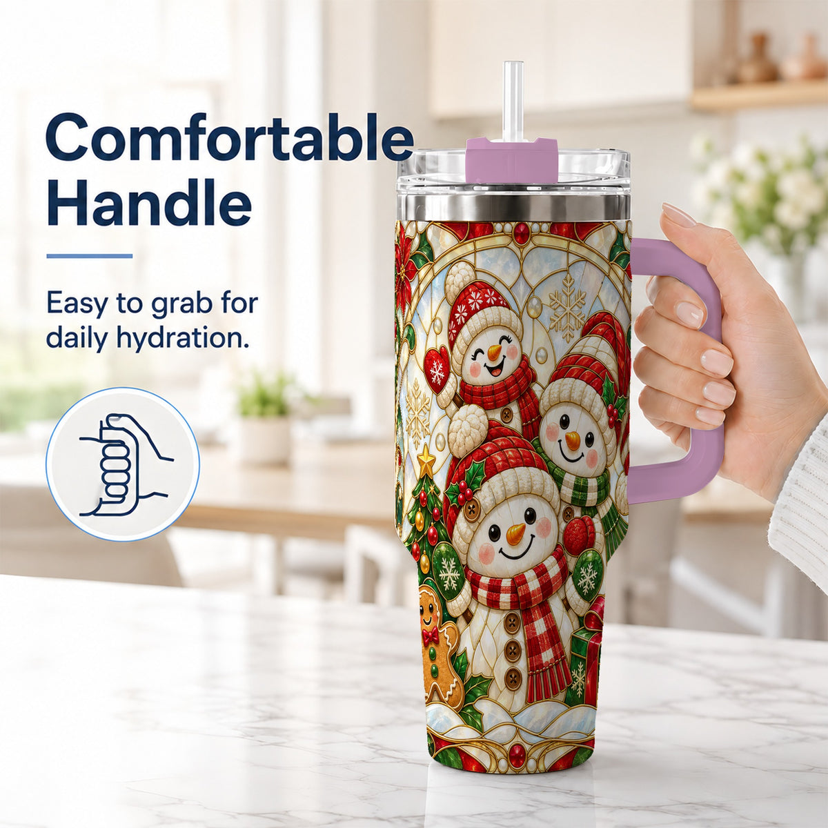 #pl[40oz|Pink] Snowman Family 40oz Tumbler with Handle, Christmas Winter Drinkware