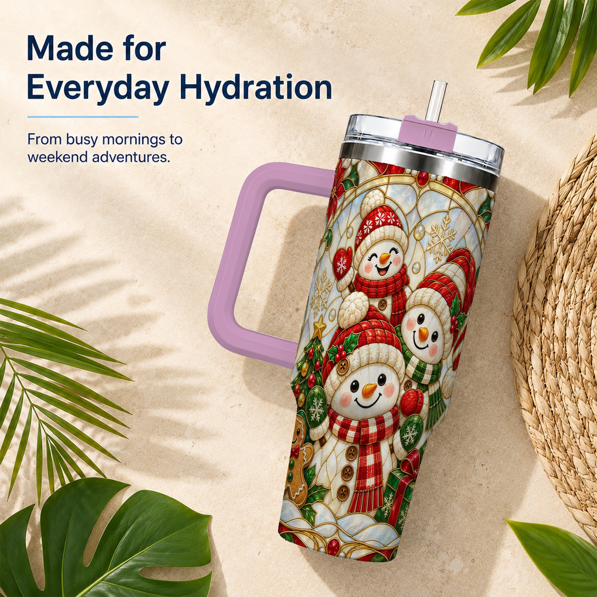 #pl[40oz|Pink] Snowman Family 40oz Tumbler with Handle, Christmas Winter Drinkware