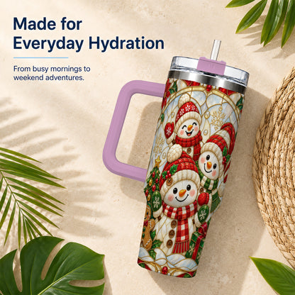 #pl[40oz|Pink] Snowman Family 40oz Tumbler with Handle, Christmas Winter Drinkware