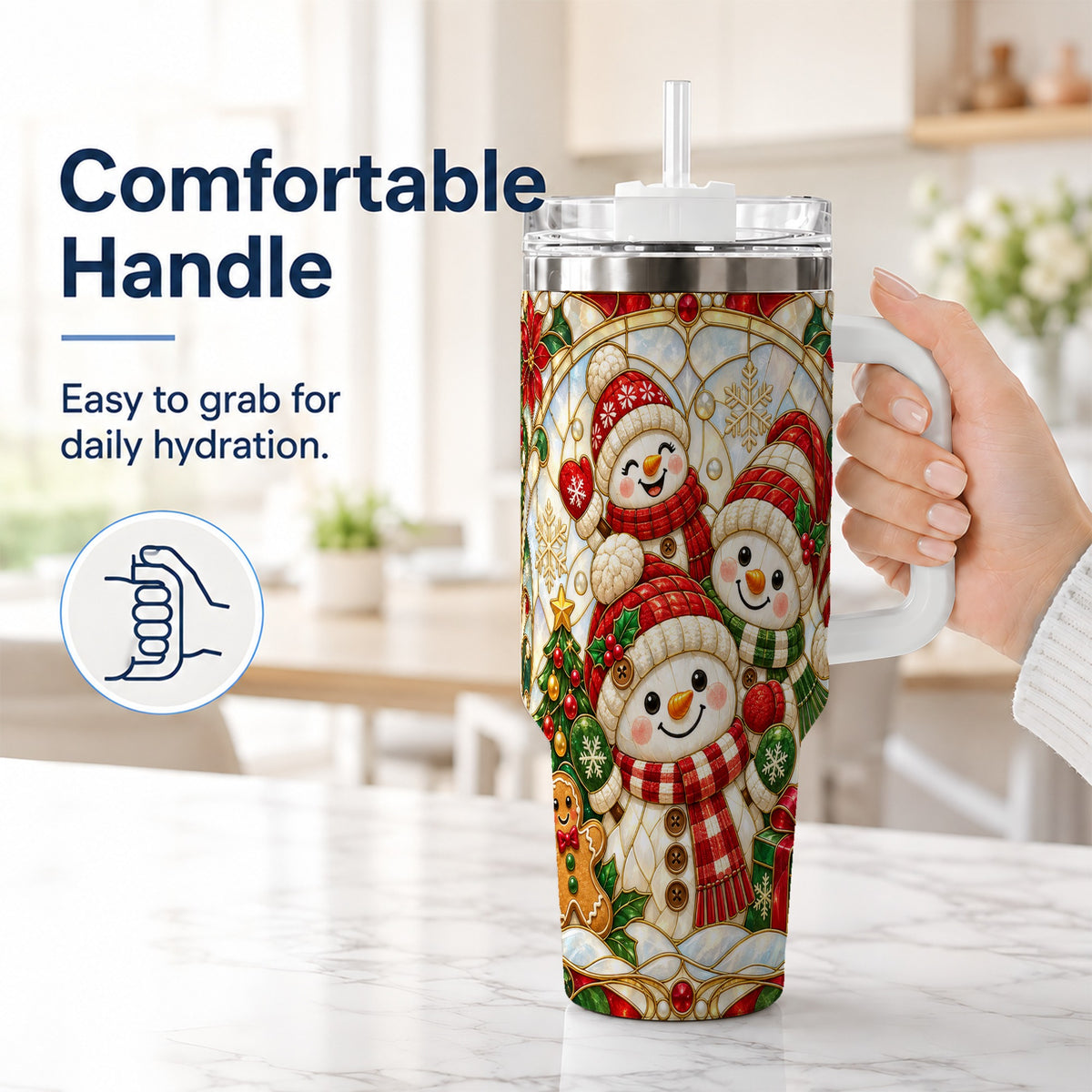 #pl[40oz|White] Snowman Family 40oz Tumbler with Handle, Christmas Winter Drinkware