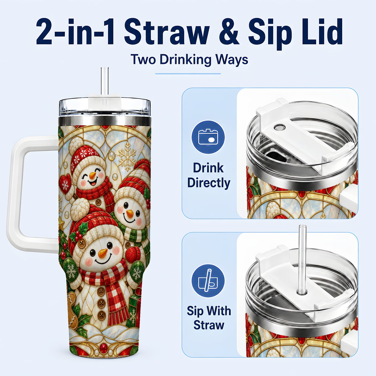 #pl[40oz|White] Snowman Family 40oz Tumbler with Handle, Christmas Winter Drinkware