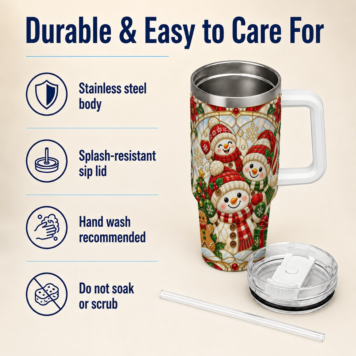 #pl[40oz|White] Snowman Family 40oz Tumbler with Handle, Christmas Winter Drinkware