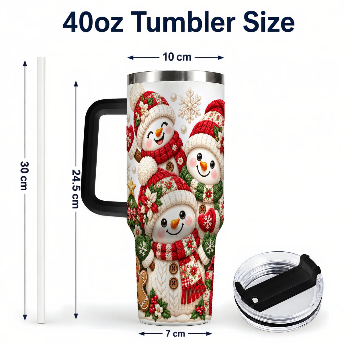 #pl[40oz|Black] Knitted Snowman 40oz Tumbler with Handle, Christmas Winter Drinkware