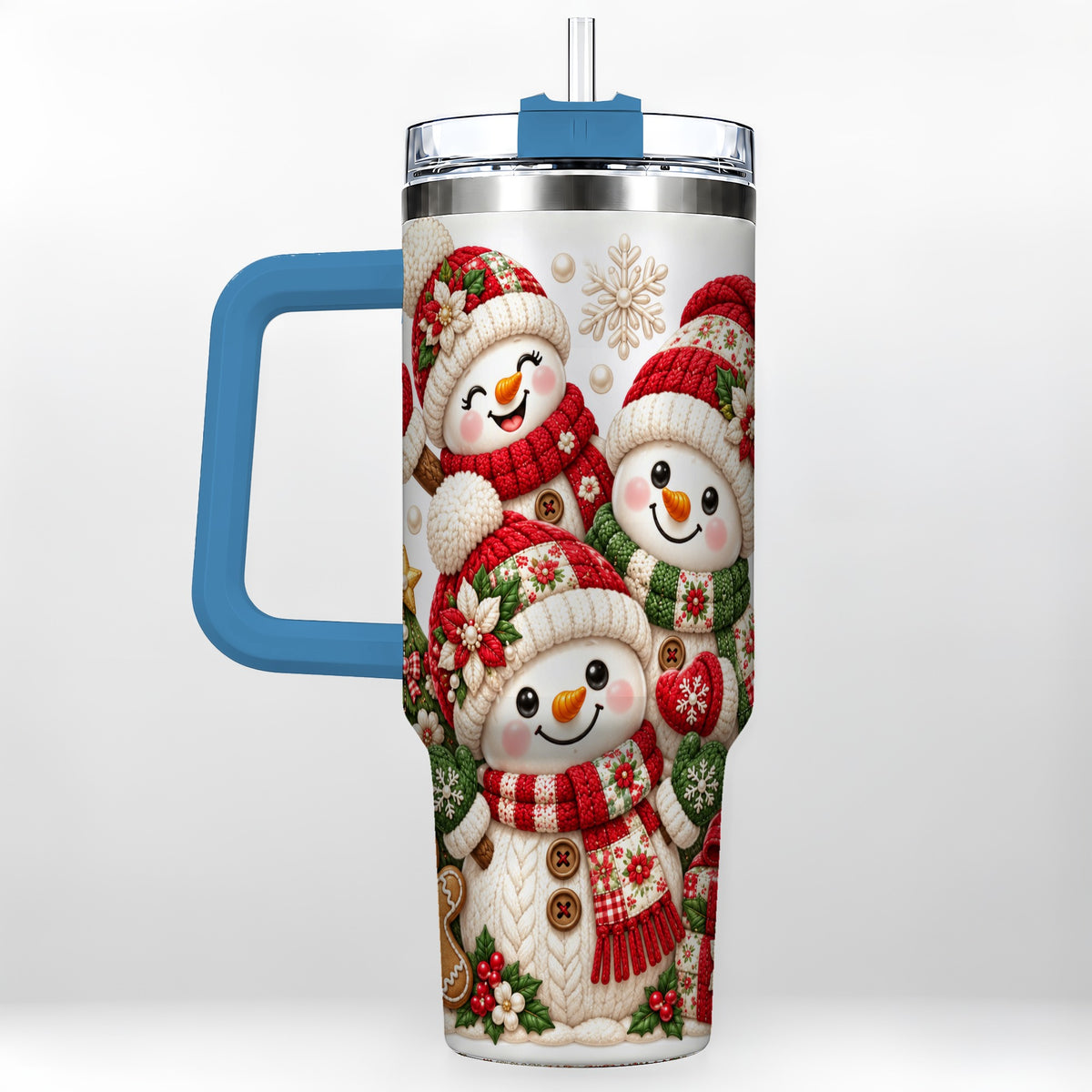 #pl[40oz|Blue] Knitted Snowman 40oz Tumbler with Handle, Christmas Winter Drinkware