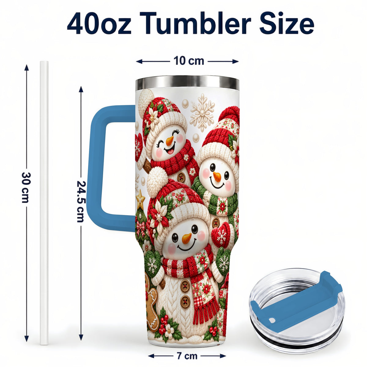 #pl[40oz|Blue] Knitted Snowman 40oz Tumbler with Handle, Christmas Winter Drinkware