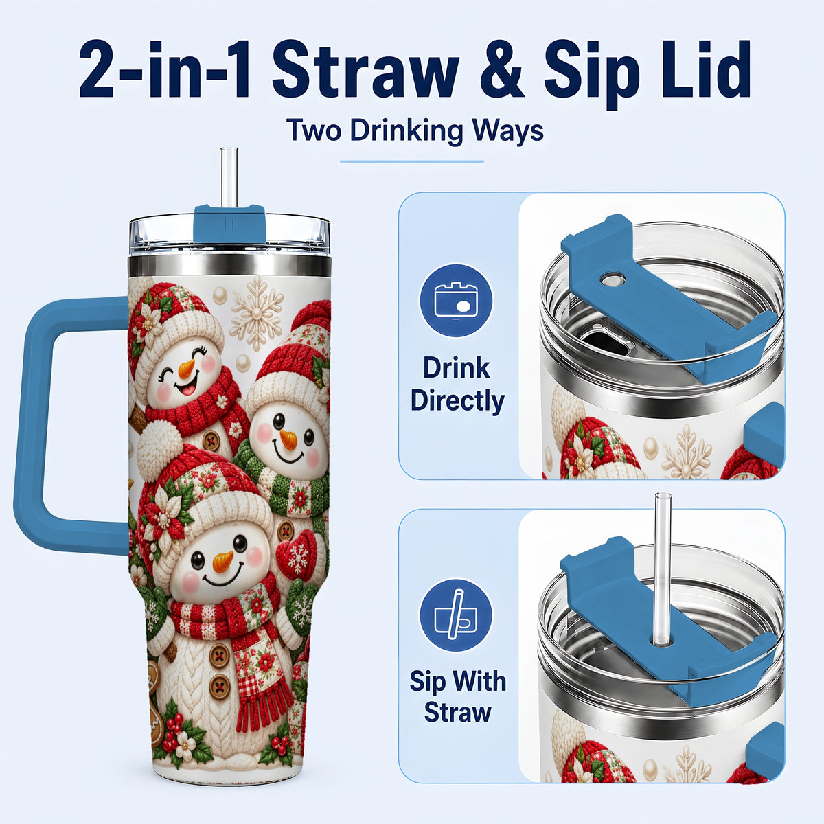 #pl[40oz|Blue] Knitted Snowman 40oz Tumbler with Handle, Christmas Winter Drinkware