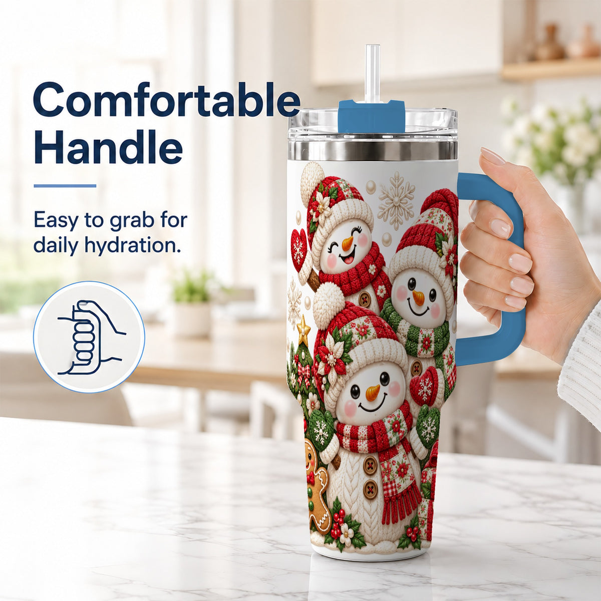 #pl[40oz|Blue] Knitted Snowman 40oz Tumbler with Handle, Christmas Winter Drinkware