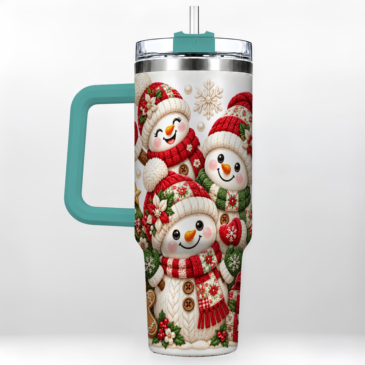 #pl[40oz|Green] Knitted Snowman 40oz Tumbler with Handle, Christmas Winter Drinkware