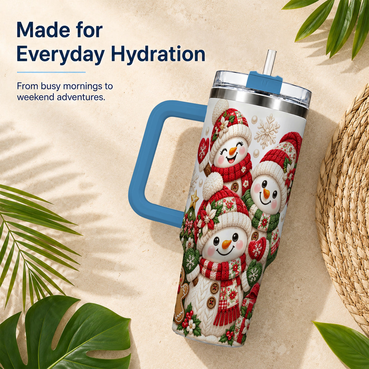 #pl[40oz|Blue] Knitted Snowman 40oz Tumbler with Handle, Christmas Winter Drinkware