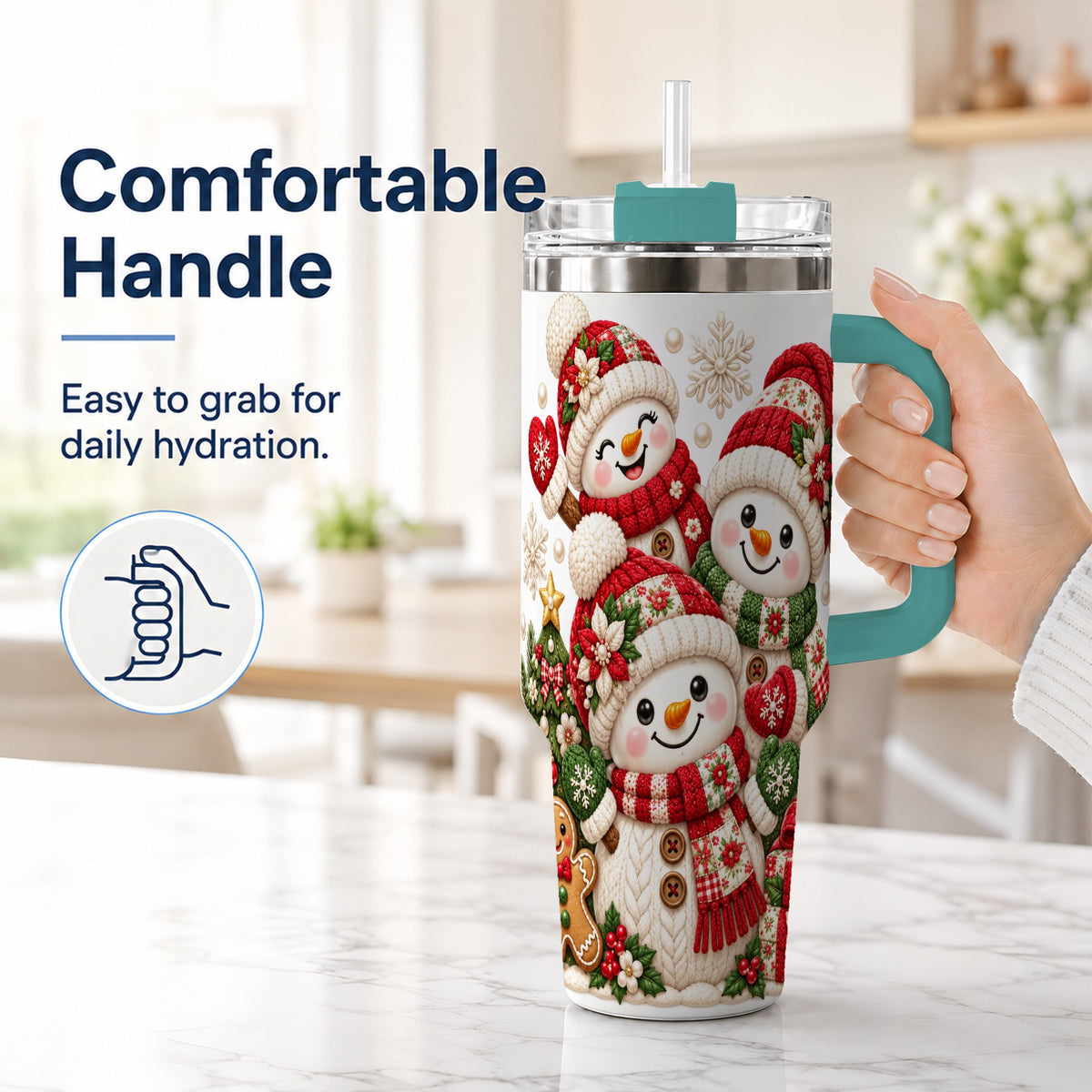 #pl[40oz|Green] Knitted Snowman 40oz Tumbler with Handle, Christmas Winter Drinkware