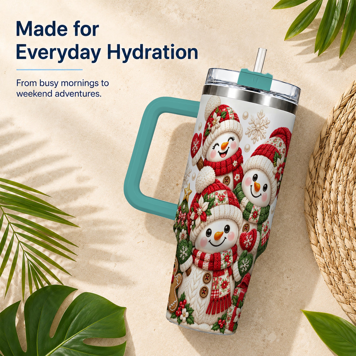 #pl[40oz|Green] Knitted Snowman 40oz Tumbler with Handle, Christmas Winter Drinkware