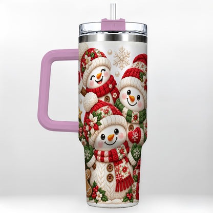 #pl[40oz|Pink] Knitted Snowman 40oz Tumbler with Handle, Christmas Winter Drinkware
