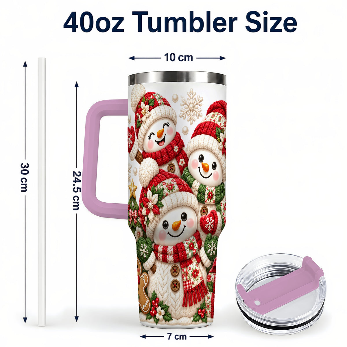 #pl[40oz|Pink] Knitted Snowman 40oz Tumbler with Handle, Christmas Winter Drinkware