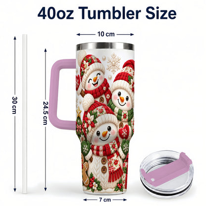 #pl[40oz|Pink] Knitted Snowman 40oz Tumbler with Handle, Christmas Winter Drinkware