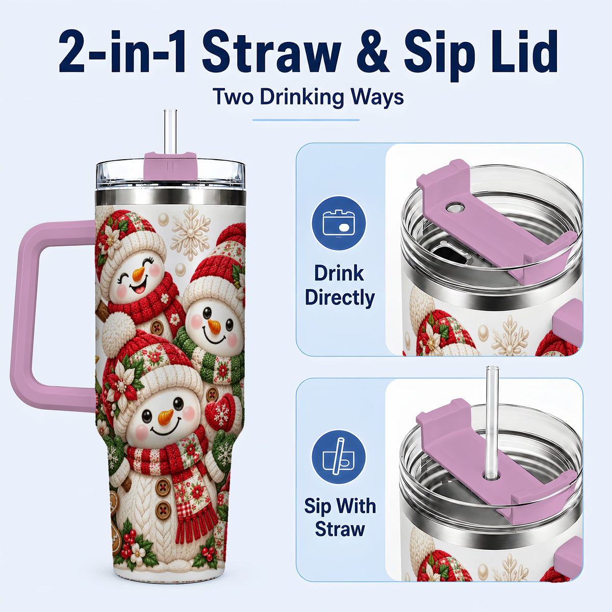 #pl[40oz|Pink] Knitted Snowman 40oz Tumbler with Handle, Christmas Winter Drinkware