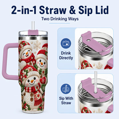 #pl[40oz|Pink] Knitted Snowman 40oz Tumbler with Handle, Christmas Winter Drinkware