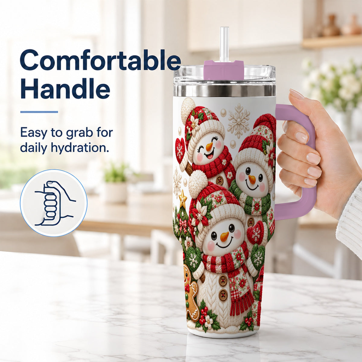 #pl[40oz|Pink] Knitted Snowman 40oz Tumbler with Handle, Christmas Winter Drinkware