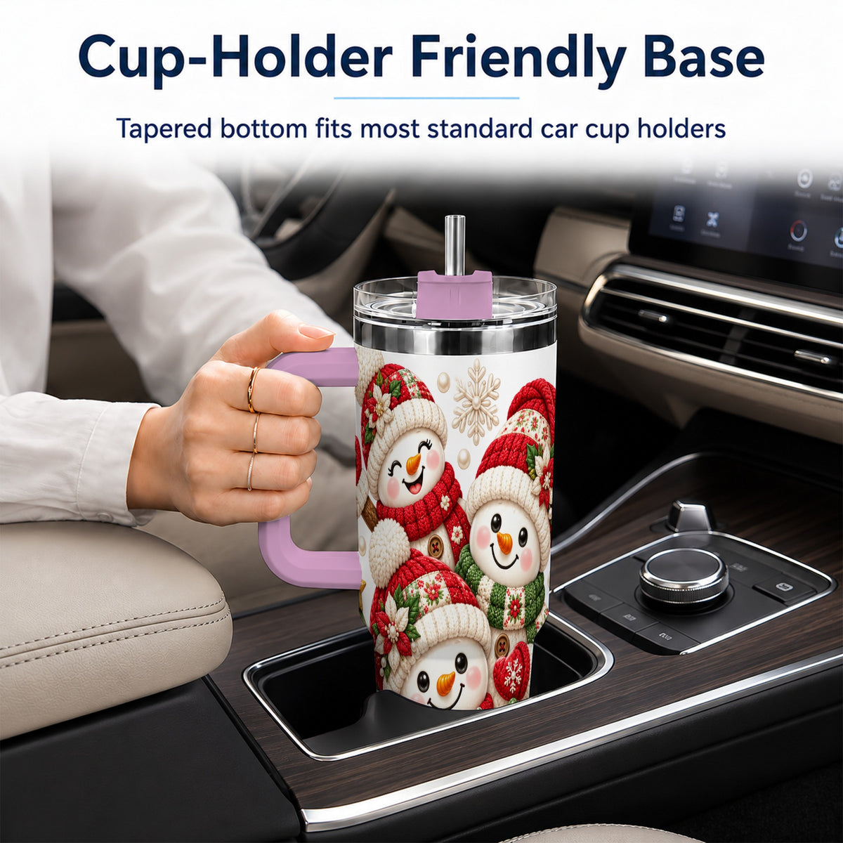 #pl[40oz|Pink] Knitted Snowman 40oz Tumbler with Handle, Christmas Winter Drinkware