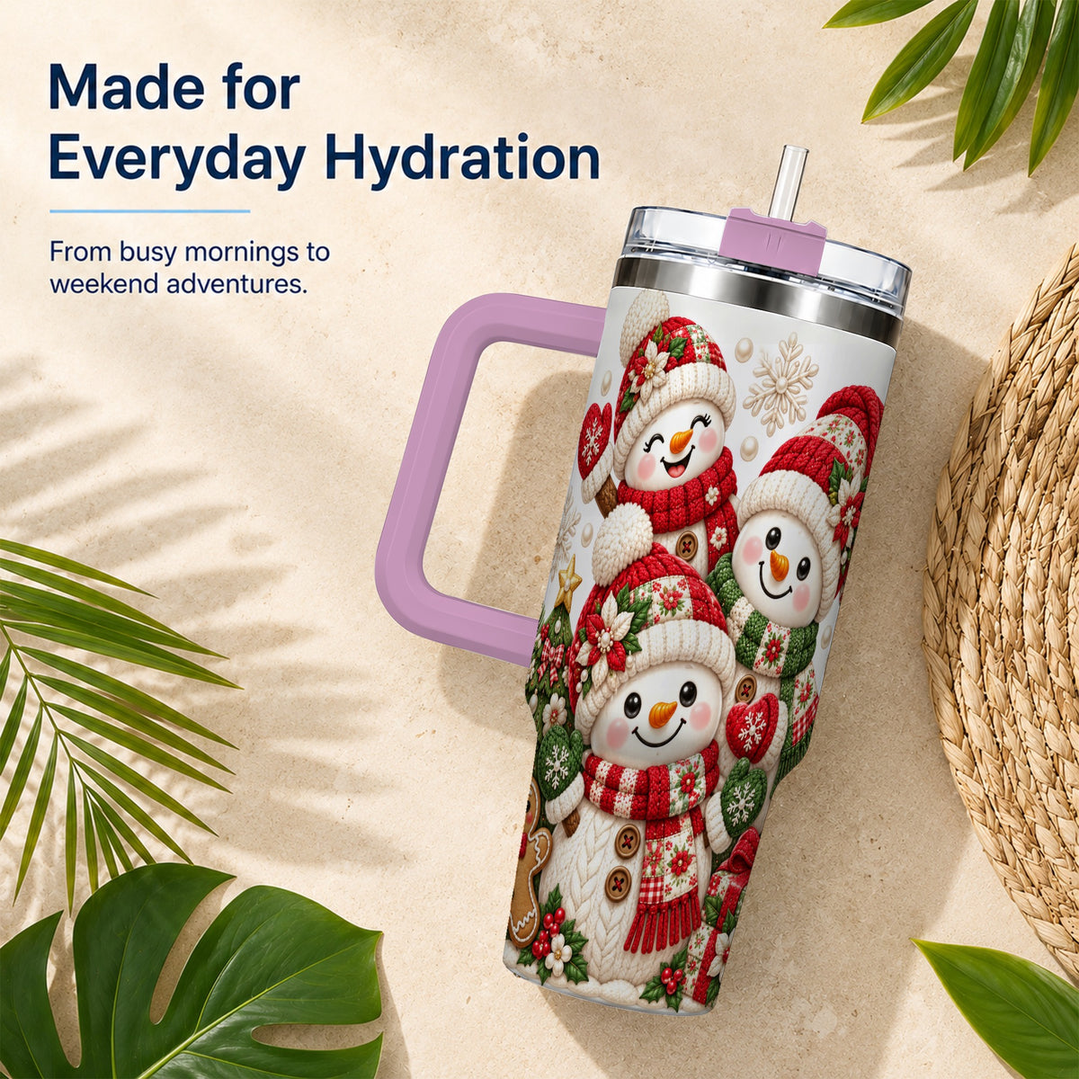 #pl[40oz|Pink] Knitted Snowman 40oz Tumbler with Handle, Christmas Winter Drinkware