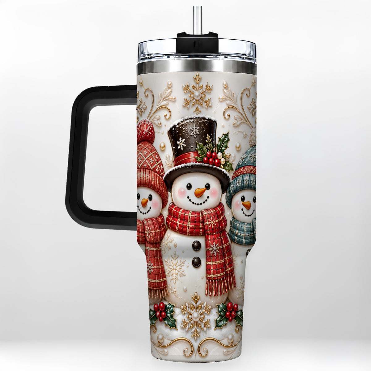 #pl[40oz|Black] Snowman Trio 40oz Tumbler with Handle, Plaid Christmas Winter Drinkware