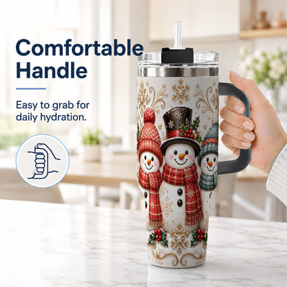 #pl[40oz|Black] Snowman Trio 40oz Tumbler with Handle, Plaid Christmas Winter Drinkware