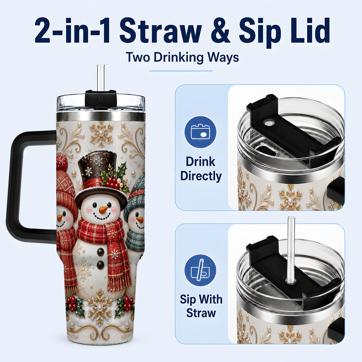 #pl[40oz|Black] Snowman Trio 40oz Tumbler with Handle, Plaid Christmas Winter Drinkware