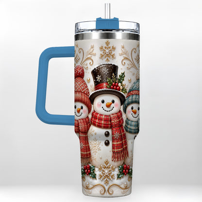 #pl[40oz|Blue] Snowman Trio 40oz Tumbler with Handle, Plaid Christmas Winter Drinkware