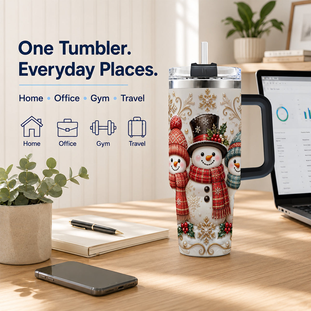 #pl[40oz|Black] Snowman Trio 40oz Tumbler with Handle, Plaid Christmas Winter Drinkware