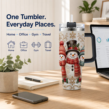 #pl[40oz|Black] Snowman Trio 40oz Tumbler with Handle, Plaid Christmas Winter Drinkware