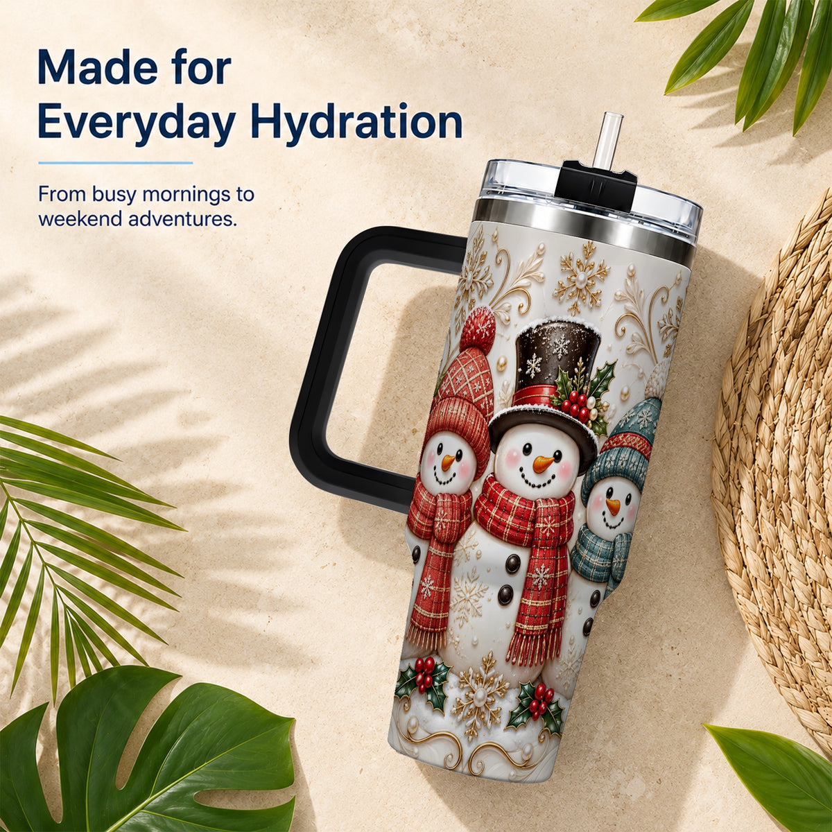 #pl[40oz|Black] Snowman Trio 40oz Tumbler with Handle, Plaid Christmas Winter Drinkware