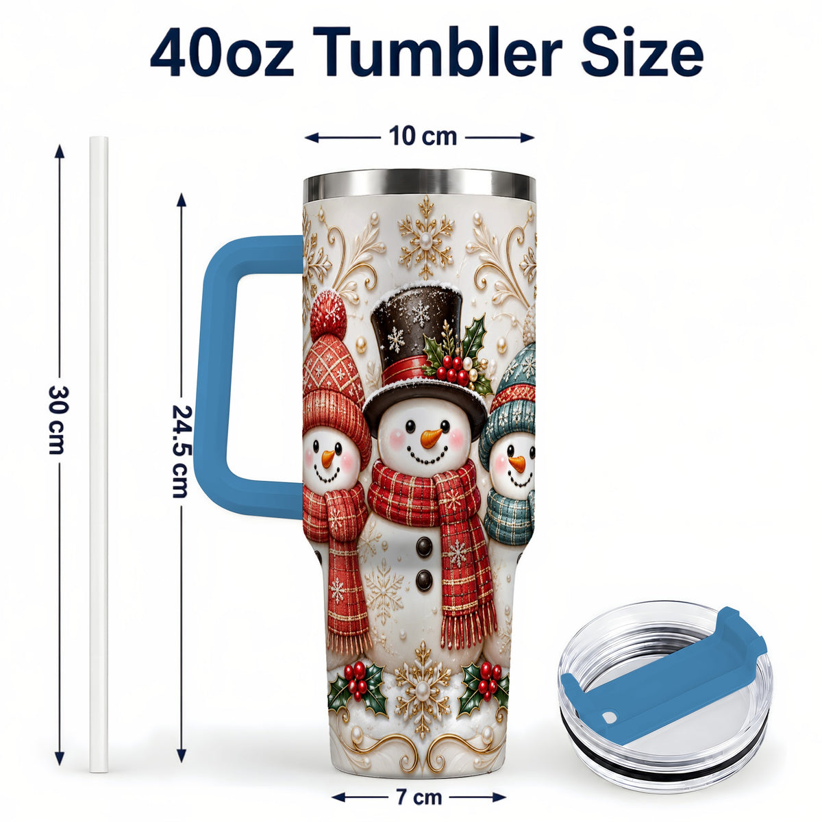 #pl[40oz|Blue] Snowman Trio 40oz Tumbler with Handle, Plaid Christmas Winter Drinkware