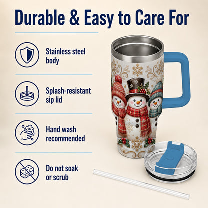 #pl[40oz|Blue] Snowman Trio 40oz Tumbler with Handle, Plaid Christmas Winter Drinkware